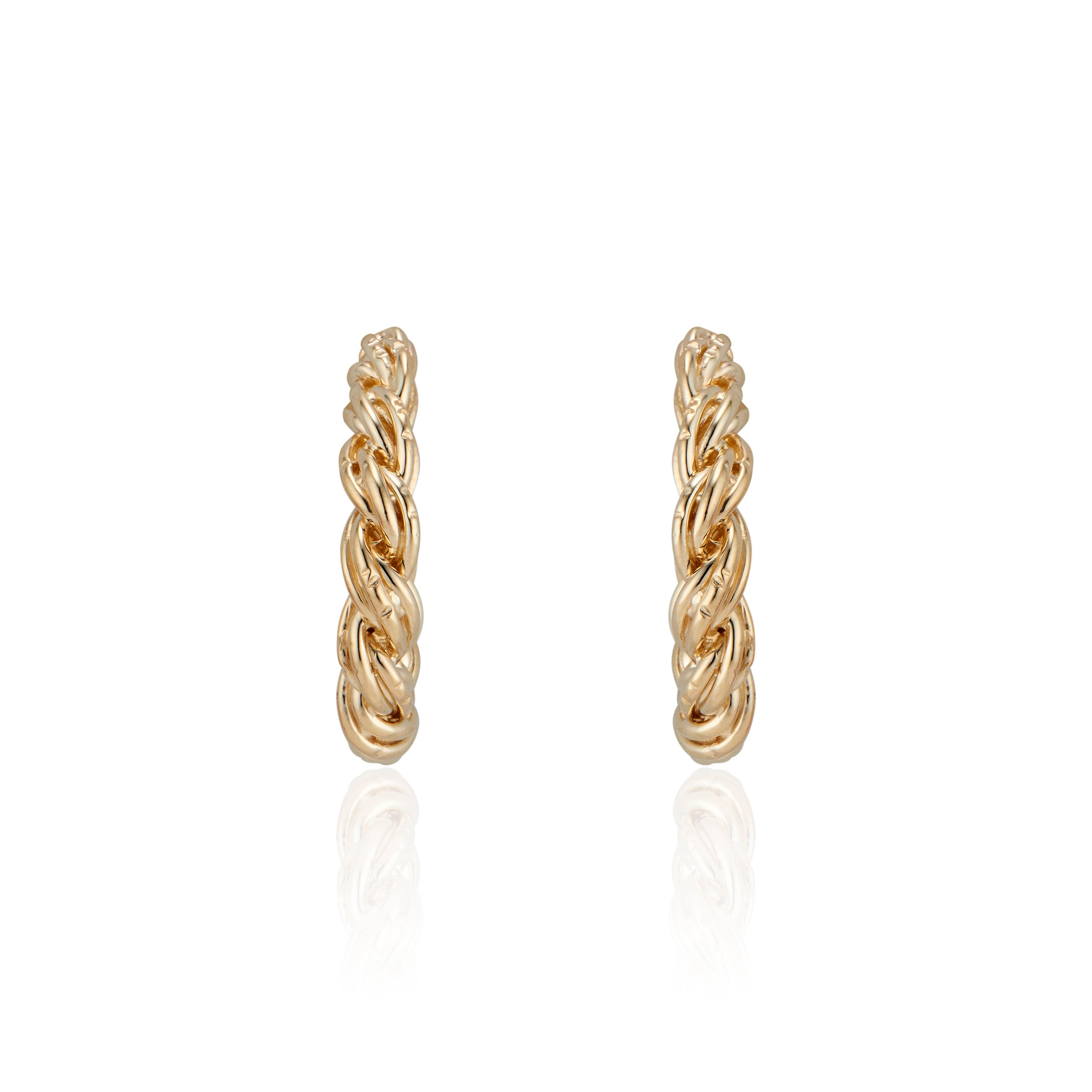 These solid 14K Yellow Zeppelin Gold Hoops feature 14k Gold posts and earnuts and are safe for sensitive ears. Their twisted design gives them the appearance of being heavy, while actually being lightweight. In true Natalie McMillan fashion, there are tiny etching details throughout. 