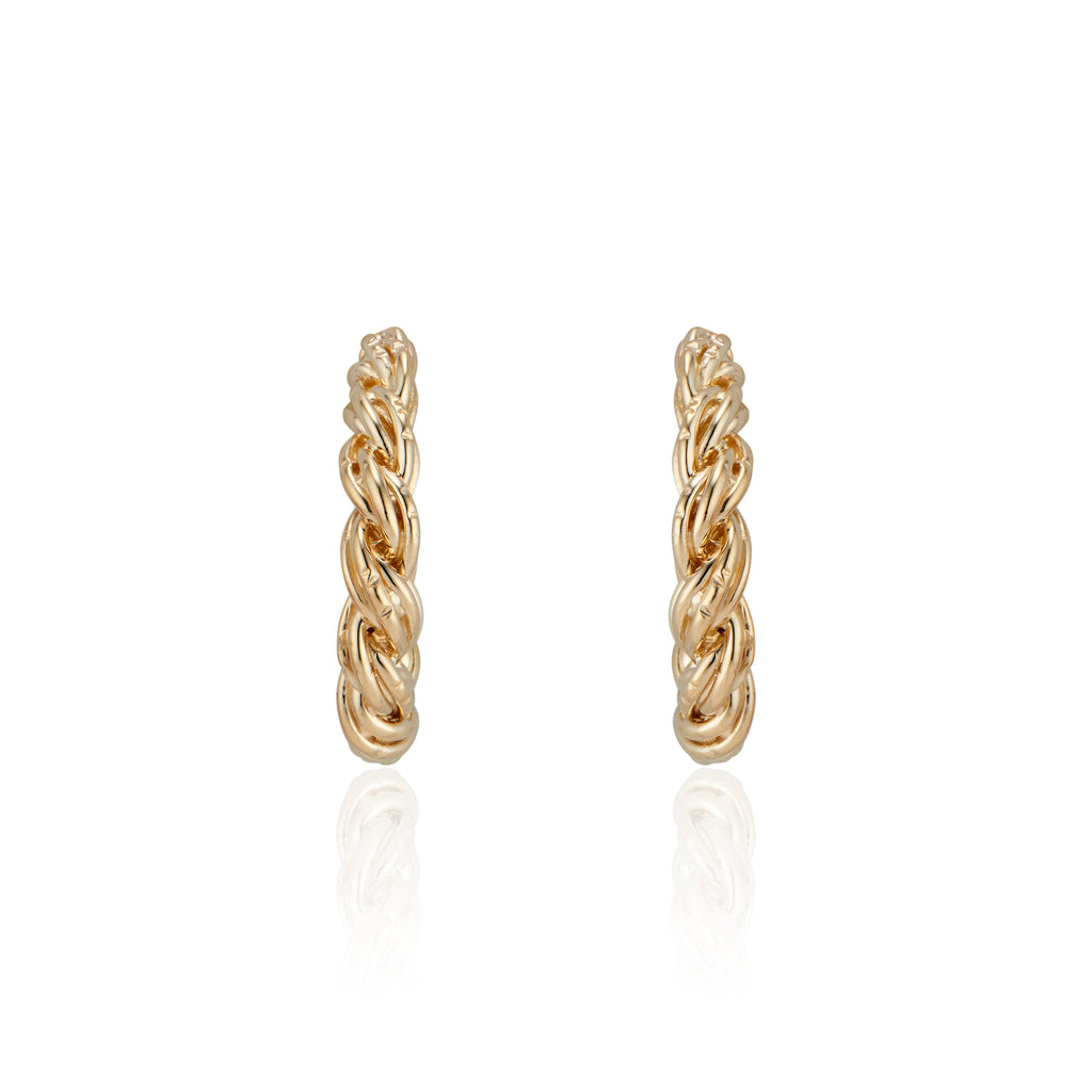 These solid 14K Yellow Zeppelin Gold Hoops feature 14k Gold posts and earnuts and are safe for sensitive ears. Their twisted design gives them the appearance of being heavy, while actually being lightweight. In true Natalie McMillan fashion, there are tiny etching details throughout. 