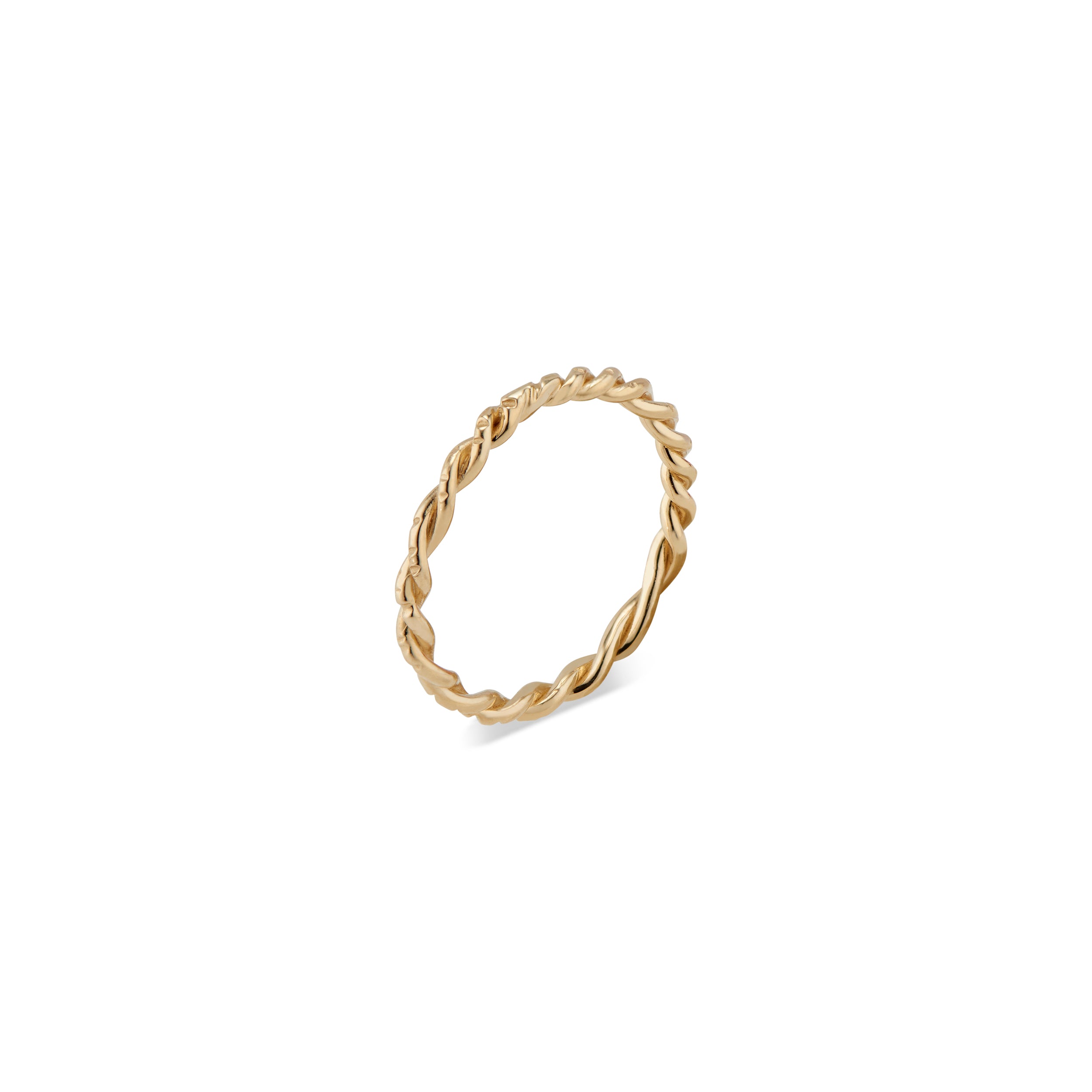 This 14k gold twisted Lauren Ring features Natalie McMillan's signature etchings. It is the ultimate stacking ring, as its thin, twisted design effortlessly goes with any ring it gets paired with! 
