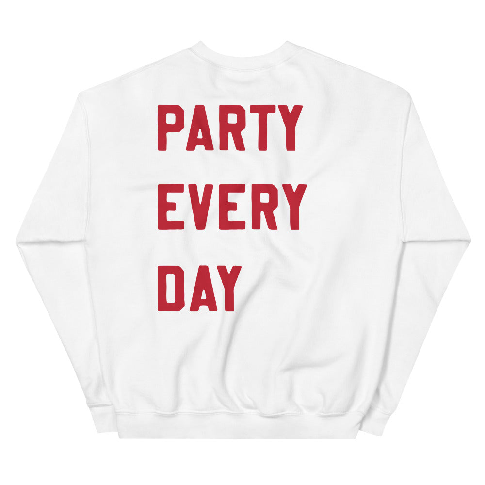 PARTY EVERY DAY CREWNECK SWEATSHIRT // WHITE+RED